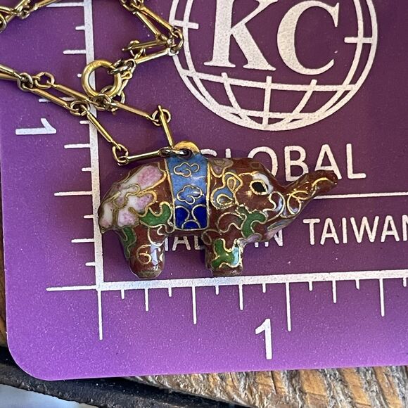 Vintage Cloisenne Elephant Pendant Trunk Up Gold Tone Chain Necklace 16” Length - Picture 7 of 7